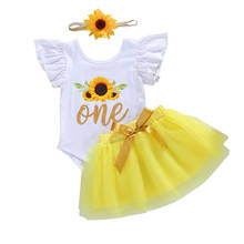 Lioraitiin-Conjunto de falda para niña pequeña, Pelele con estampado de girasol, Top, falda de Encaje amarillo, diadema Floral, 0-24M, 3 uds. 2024 - compra barato