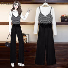 2021 Spring New Woman Two Piece Sets Solid O-Neck Fake Sling Shirt And Black Long Wide Leg Pants Casual Female Suits 2024 - buy cheap