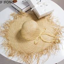 Sombrero de paja grande con cordones para mujer, sombrero de ala ancha de 15cm, a la moda, con protección solar, para playa 2024 - compra barato
