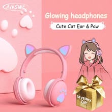 AIKSWE Bluetooth Headphones Glowing Cute LED Cat Ear Paw Wireless HIFI Stereo Bass 3.5mm Plug With Mic For Kids Girls Gift 2023 - buy cheap
