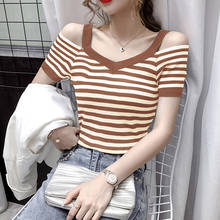 LJSXLS-camisetas de punto a rayas con cuello en V para mujer, moda coreana, camiseta de manga corta con hombros descubiertos, camiseta Sexy para mujer 2021 2024 - compra barato