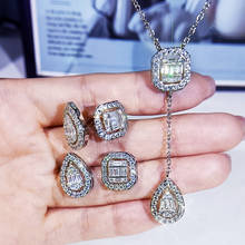 Designer original square long zircon necklace pendant, earrings, adjustable ring three-piece set, women's jewelry set 2024 - buy cheap