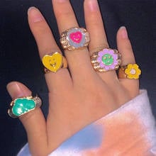 AOMU 1PC 2021 New Fashion Cute Colorful Drip Glaze Flower Heart Metal Rings for Women Girls Gold Color Rings Party Jewelry Gifts 2024 - buy cheap