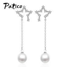 Forma da estrela 925 prata esterlina zircônia cúbica cz brincos longos para mulheres coreano simulado pérola piercing anéis jóias presentes 2024 - compre barato