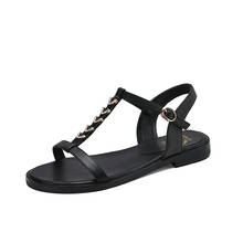 Sandalias planas de piel auténtica para mujer, zapatos informales de verano, de alta calidad, color blanco y negro, talla 34-43 2024 - compra barato
