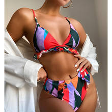 Biquíni colorido com babado, cintura alta, feminino, estampado, roupa de banho, duas peças, traje para nadar, maiô 2024 - compre barato