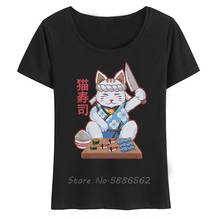 Camiseta de Anime de Neko Cat Sushi de estilo tradicional japonés para mujer, camiseta informal de manga corta para mujer, ropa urbana Kawaii para mujer 2024 - compra barato