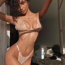 Sexy Bra and Thongs Pajamas Lingerie Set with Garter Women Lace Ruffles Transparent Temptation Applique Intimates Underwear 2024 - buy cheap