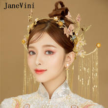 JaneVini Traditional Gold Bridal Headdress Beaded Chinese Cheongsam Dress Hairpins Long Tassels Wedding Jewelry Hair Accessories 2024 - buy cheap