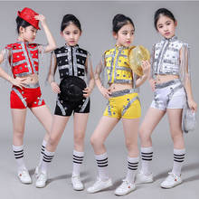 2 PÇS/SET Vermelho Crianças Stage Dancewear Criança Hip Hop Jazz Dança Cheerleading Roupas Traje Terno Paillette Moderno Vestido Da Menina 2024 - compre barato