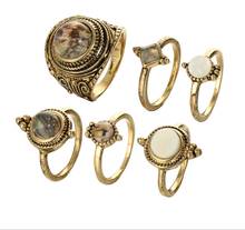 6 Pcs/set Bohemian Retro white Crystal Flower Hollow Lotus brown Gem Ring Set Women Wedding Anniversary Gift 2024 - buy cheap