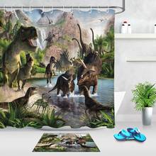 Занавеска для душа с динозавром и ковер, экран для ванной комнаты с естественным пейзажем, очень длинная водонепроницаемая ткань из полиэстера для украшения детской ванны 2024 - купить недорого