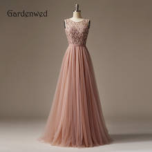 Gardenwed 2020 Nude Top Beaded Evening Dress Sheer Neckline Long Tulle A Line Formal Woman Gown Grid Bead Young Girl Prom Dress 2024 - buy cheap