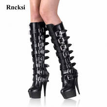 Rncksi-Botas de punta redonda para mujer, zapatos de tacón alto hasta la rodilla, con hebilla y correas, para fiesta, baile, 17cm 2024 - compra barato