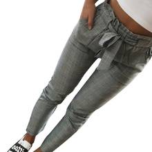 Pantalones de mujer moda feminina xadrez plissado cintura alta magro calças lápis com faixa pantalones mujer cintura alta 2024 - compre barato