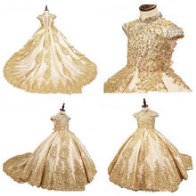 Золотое Платье в стиле ретро с цветочным узором для девочек на свадьбу; новое пышное платье на заказ; платья без рукавов с аппликацией для причастия 2024 - купить недорого