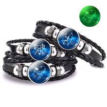 Luminous Punk Bracelet 12 Horoscope Glass Dome Braided Black Leather Woven Bracelet Aries Leo Virgo Libra Taurus Cancer Bracelet 2024 - buy cheap
