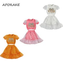 2021 1-6Y Fashion Toddler Girl Clothing VOGUE Letter Print Mesh Puff Short Sleeve Crop Top+Solid Shorts Tulle Skirt Summer 2pcs 2024 - buy cheap