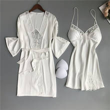 New style Kimono Bathrobe Gown pajamas Set Sexy Lady V-neck Lace Backless Nighty With Belt White Satin Lounge Sleepwear M-XL 2024 - buy cheap