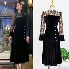 KPOP IU Lee Ji Eun autumn new sexy long sleeved lace velvet splice long high waist dress women party temperament elegant dresses 2024 - buy cheap