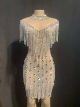 Women New Crystals Fringes See Through Mesh Dress Birthday Party Celebrate Stones Dress Bar DJ DS Nightclub Dance Costume Dress 2024 - buy cheap