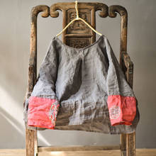 Женская рубашка с круглым вырезом, Оригинальная Повседневная Свободная рубашка из хлопка и льна с винтажной вышивкой в стиле пэчворк, весна-осень 2021, женские топы с длинным рукавом 2024 - купить недорого