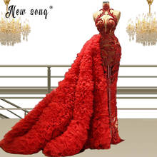 Lindo vestido de baile de sereia vermelho, vestido de noite com babados, gola alta, ilusão, 2 peças, cauda destacável, desfile 2024 - compre barato