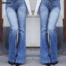 Umeko NEW Vintage Flare Jeans Pants Women Fashion Floor-length Blue Denim Washed Jean High Waist Mom Bell Bottom Plus Size Jeans 2024 - buy cheap