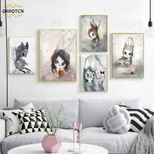 Impressão em aquarela cartaz da arte da parede coelho menina animal abstrato pintura em tela quarto miúdo sala de estar imagem nordic decoração casa 2024 - compre barato