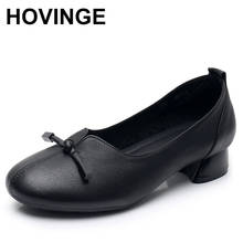 Hovinge sapatos femininos de salto baixo, grosso, artesanal, vintage, primavera e outono, sapatos de couro de vaca, 2020 2024 - compre barato