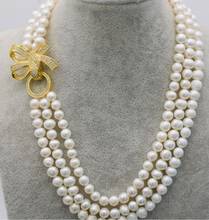 Envío Gratis Natural 3 filas de perlas blancas de agua dulce cerca de las perlas redondas 7-8mm 18-20 "con collar de broche de circón 2024 - compra barato