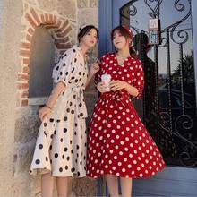 Women 50S 60S Vintage Chiffon Red Wave Point Elegant Midi Dress V-neck Bodycon Lace up French puff sleeve dress Vestidos 2024 - buy cheap