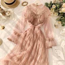 Spring Autumn Sweet Mesh Bling Bright Sequined Women Dress Elegant Long Sleeve Ruffles Midi Dress For Female New Fashion Vestido 2024 - buy cheap