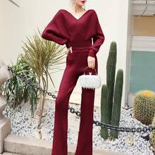 Womens Outfits Knitted Two Piece Set Women V Neck Sweater  Tops + Wide-leg pants knitted suit 2 Piece Sets 2024 - buy cheap