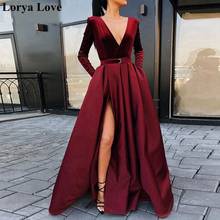 Wine Red Evening Dresses A-Line Split Prom Gowns Women Formal Party Night Robe De Soiree Sexy V-Neck Satin Wedding Party Dress 2024 - buy cheap