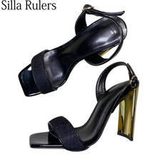 Runway Gold Metal Chunky Heels Sandals Woman Black Square Toe One Strap Gladiator Shoes Ladies Wedding shoes Dress Shoes 2020 2024 - buy cheap