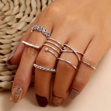 Modyle 7 pçs/set boêmio praia retro simples oco onda geometria anel conjunto feminino charme jóias acessórios 2024 - compre barato