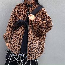 Europen Ins Fake Fur Leopard Jacket Women Autumn Winter Lady Teddy Jackets Loose Turtleneck Female Outerwear Faux Fluffy Coat 2024 - buy cheap