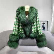 Ladies Autumn Winter Green Houndstooth Coat With Fluffy  Natural Fox Fur Cuffs and Hem Ladies Outerwear Women Wool Jacket 2024 - buy cheap