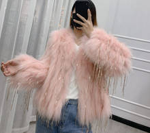 Jaqueta feminina de pele de guaxinim, casaco luxuoso com lantejoulas 2024 - compre barato