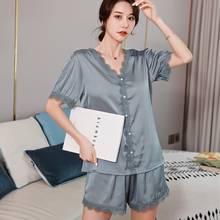 Daeyard Silk Pajamas for Women Casual Homewear Solid Pyjamas Set Pearl Button Up 2 Pcs Pijamas Sleepwear Satin Pj Set Cute Mujer 2024 - buy cheap