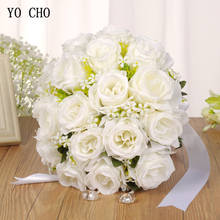 YO CHO Bouquet Bride Wedding Flower Artificial Silk Rose Bouquet White Fake Pearl Crystal Bridesmaid Party Prom Wedding Supplies 2024 - buy cheap