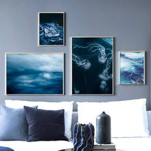 Pintura de tela para parede, flores azuis, céu, mar, água-viva, arte, poster nórdico, impressão, imagens de paisagem, decoração para sala de estar 2024 - compre barato