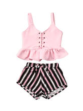 2-6years bebê meninas conjuntos de roupas rosa sem mangas v pescoço colete topos + listrado impressão shorts 2 peças 2024 - compre barato