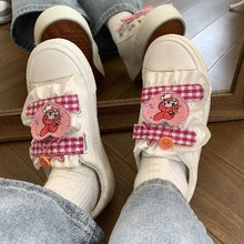 Japanese Harajuku Cute Rabbit Velcro Embroidery Grid Women's Shoes Student White Canvas Shoes Women's Vulcanized Shoes 2024 - buy cheap