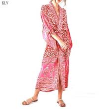 Женский весенний шифоновый кардиган-кимоно в стиле ретро, красный купальник с цветочным принтом, свободное пляжное платье до середины икры 2024 - купить недорого