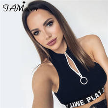 IAMHOTTY Letter Print Ribbon Zipper Black Tank Top Bodycon Ribbed Sporty Women Sexy Tops Off Shoulder Fitted Turtleneck Crop Top 2024 - buy cheap