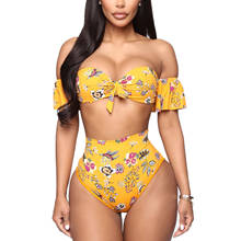 Meihuida roupa de banho feminina, 2 peças tomara que caia com estampa floral + calça de cintura alta 2024 - compre barato