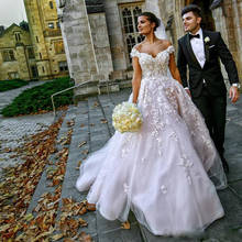 Vestido de noiva personalizado com ombro de fora, 3d, princesa, renda, apliques uma linha, longo, vestido de noiva 2024 - compre barato