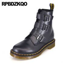 Botines militares de estilo motero para mujer, botas cortas de combate con correa de punta redonda, zapatos planos informales de cuero genuino, color negro y otoño, 2021 2024 - compra barato